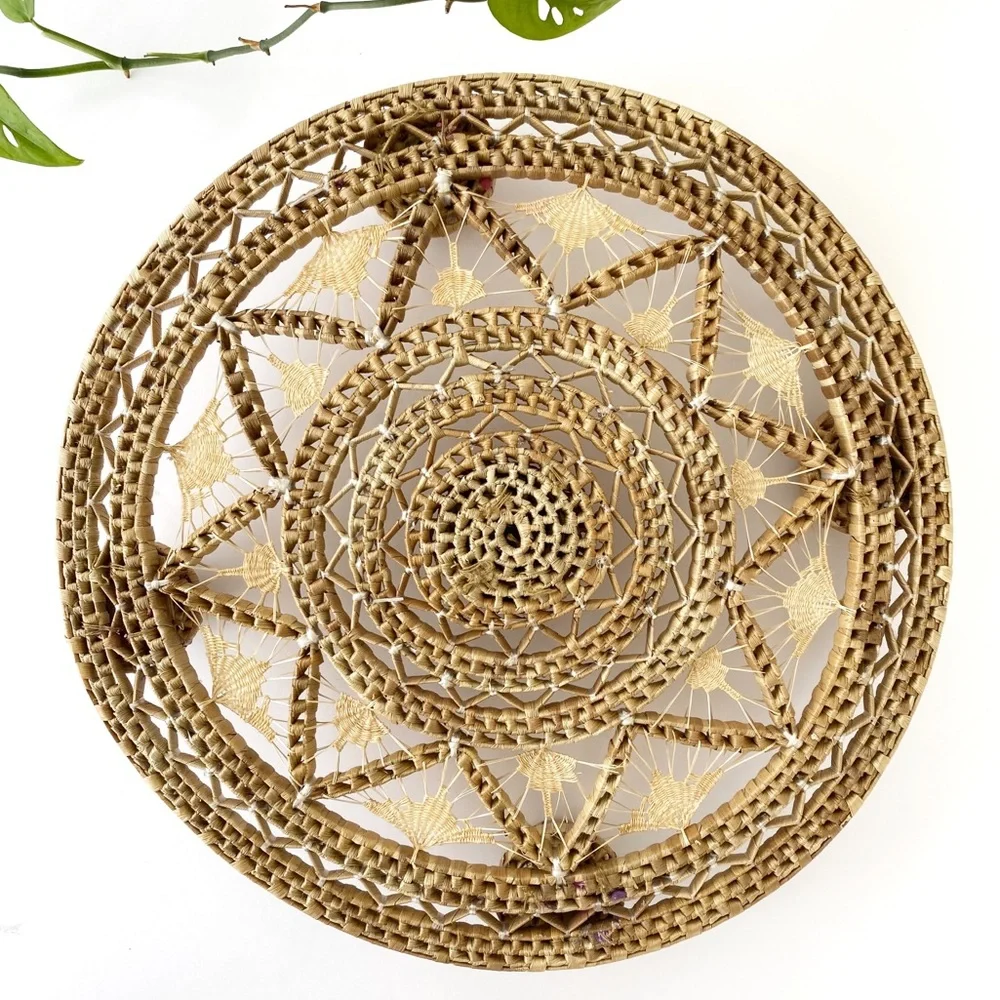 Vintage Woven Footed Trivet / Round Basket Wall Decor / Wicker Candleholder Boho